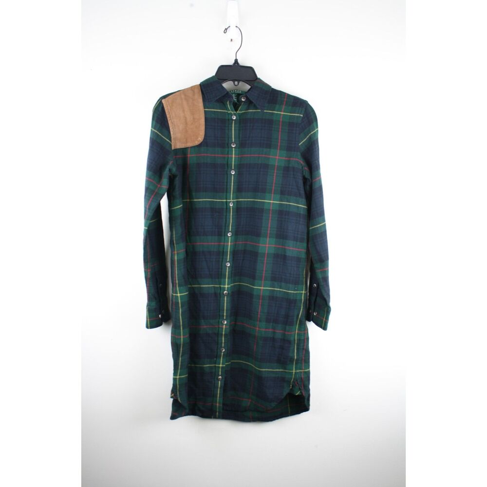 Lauren Ralph Lauren Plaid Shirt Dress S Green Navy Suede Patch Heritage Prep